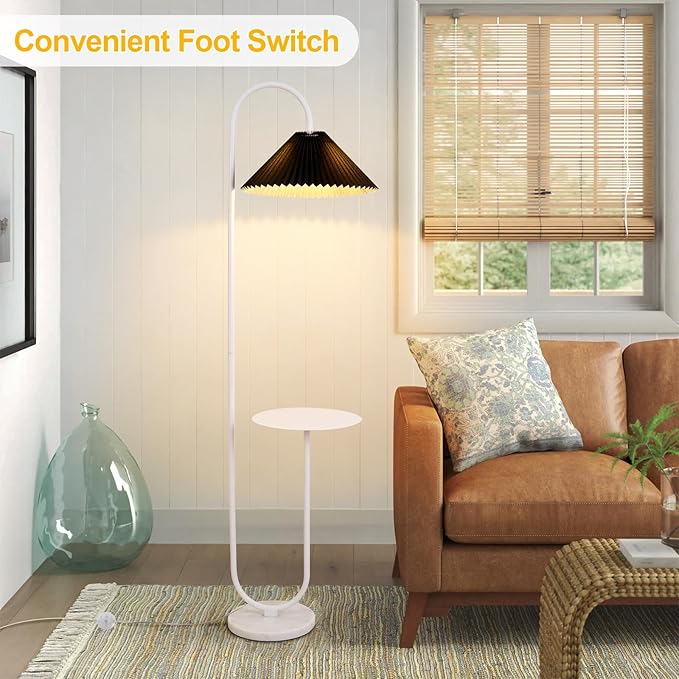 Modern Elegant with Tray Floor Lamp for Office Cafe Den Living Room Bedroom, Foot Switch and White Paint, Black Pleated Cloth Lampshade - LeafyLoom