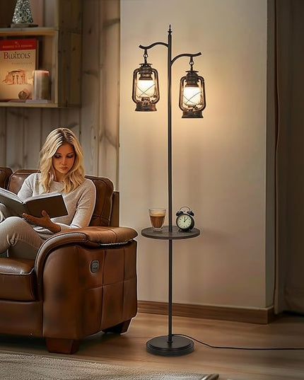 Farmhouse floor lamp with table, Double head vintage floor lantern, Standing lamp for living room，bedroom, Rustic Floor Lamp with Black Brown Finish - LeafyLoom