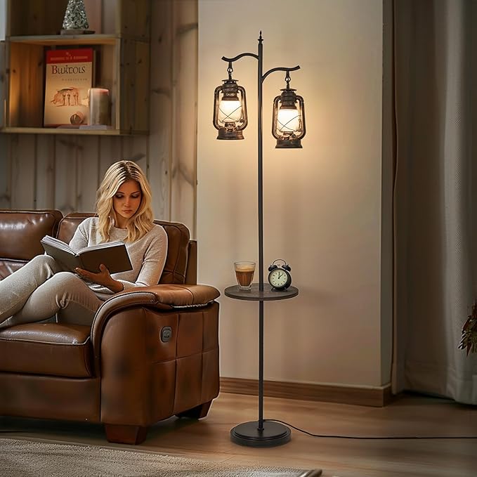 Farmhouse floor lamp with table, Double head vintage floor lantern, Standing lamp for living room，bedroom, Rustic Floor Lamp with Black Brown Finish - LeafyLoom