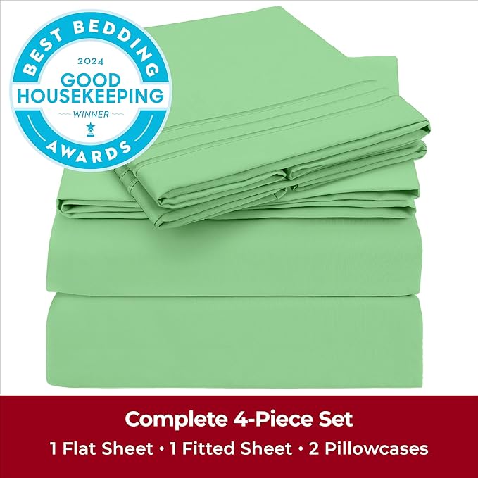 Mellanni King Sheets Set - 4 PC Iconic Collection Bedding Sheets & Pillowcases - Hotel Luxury, Extra Soft, Cooling Bed Sheets - Deep Pocket up to 16 inch (King, Pistachio) - LeafyLoom