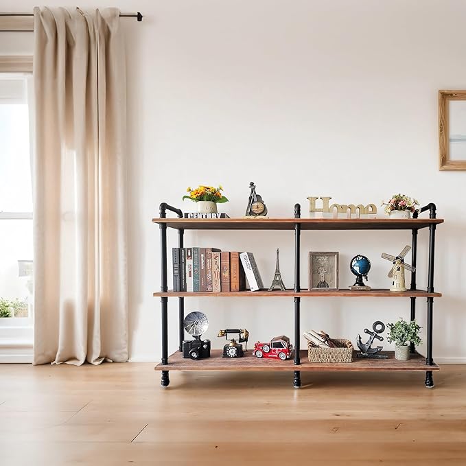 3 Tier Industrial Long Bookshelf, Entryway Industrial Metal Bookcase (Weathered Brown, 60" L x 11.8" W x 39" H) - LeafyLoom