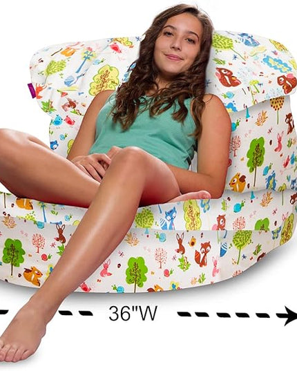 Posh Creations Structured Comfy Bean Bag Chair for Gaming, Reading, and Watching TV, Laguna Lounger, Canvas - Forest Critters on White - LeafyLoom