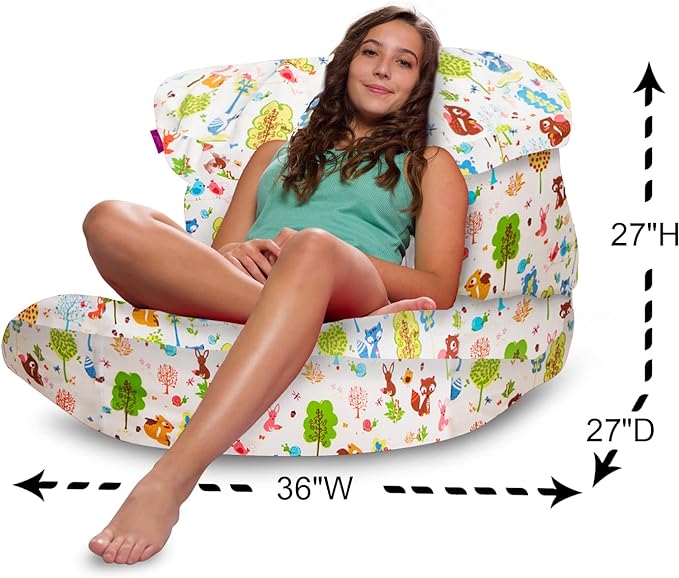Posh Creations Structured Comfy Bean Bag Chair for Gaming, Reading, and Watching TV, Laguna Lounger, Canvas - Forest Critters on White - LeafyLoom