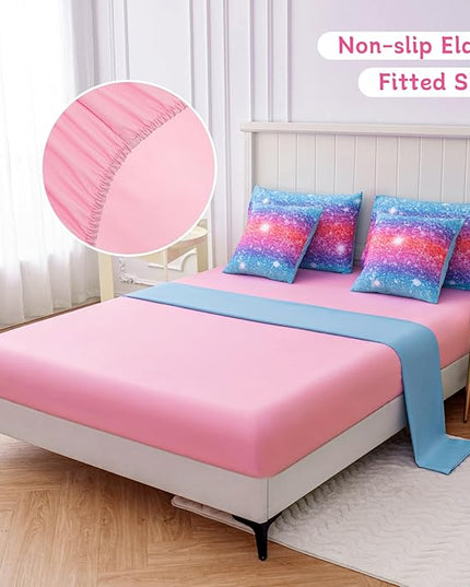 Twin Comforter Set for Girls Galaxy Bedding 7pieces, Ombre Bedding Comforter Sets Rainbow Comforter, Glitter Bedding Twin Teen Comforter Sets for Girls (Blue) - LeafyLoom