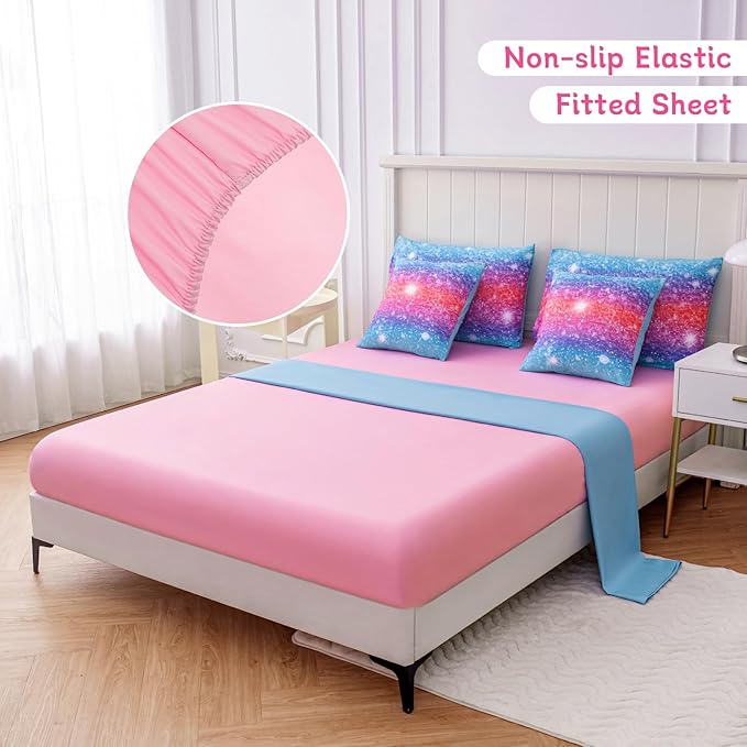 Twin Comforter Set for Girls Galaxy Bedding 7pieces, Ombre Bedding Comforter Sets Rainbow Comforter, Glitter Bedding Twin Teen Comforter Sets for Girls (Blue) - LeafyLoom