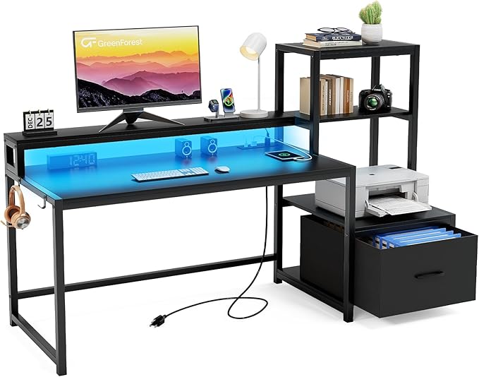 GreenForest Computer Desk with Drawer and Printer Shelf, 68.8 inch Gaming Desk with LED Lights and Power Outlets, Home Office Desk with Storage for Study Writing Working,Black - LeafyLoom