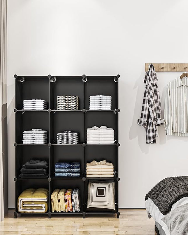 FUNLAX Cube Storage Shelf, 16 Storage Cubes Closet Organizers and Storage Portable Cube Storage Organizer Plastic Bookshelf Bookcase for Study Room, Bedroom, Office, Black - LeafyLoom
