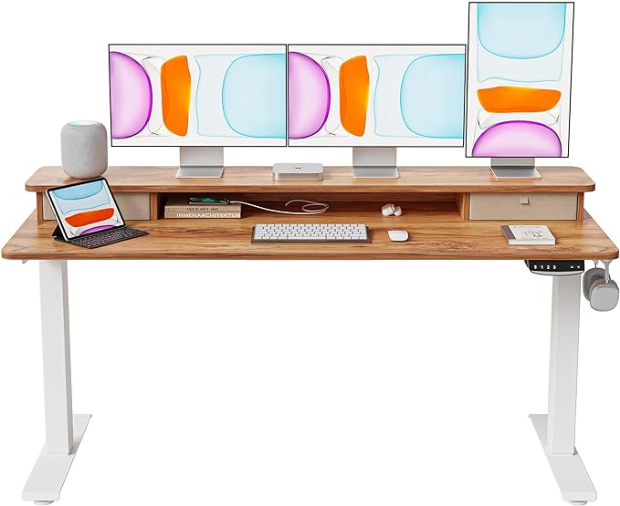 BANTI 60x24 Inch Electric Standing Desk with Double Drawers, Adjustable Height Stand Up Desk, Sit Stand Home Office Desk with Storage Shelf, Light Rustic Brown Top - LeafyLoom