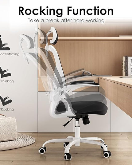 Farini Ergonomic Office Chair, Home Office Desk Chair with Headrest, High Back Computer Chair with Flip-up Armrests and Adjustable Lumbar Support.for Home Office Study Room Bedroom, White - LeafyLoom