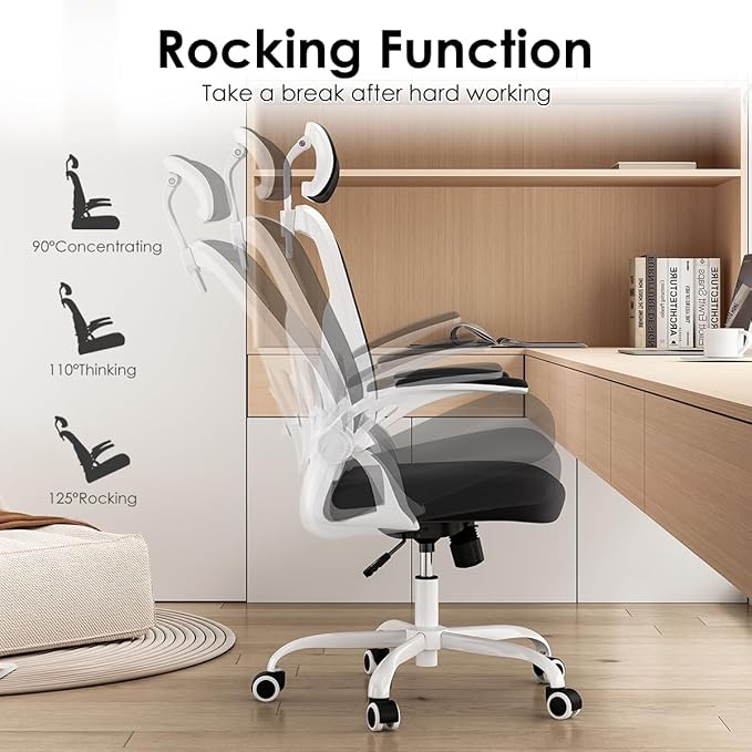 Farini Ergonomic Office Chair, Home Office Desk Chair with Headrest, High Back Computer Chair with Flip-up Armrests and Adjustable Lumbar Support.for Home Office Study Room Bedroom, White - LeafyLoom