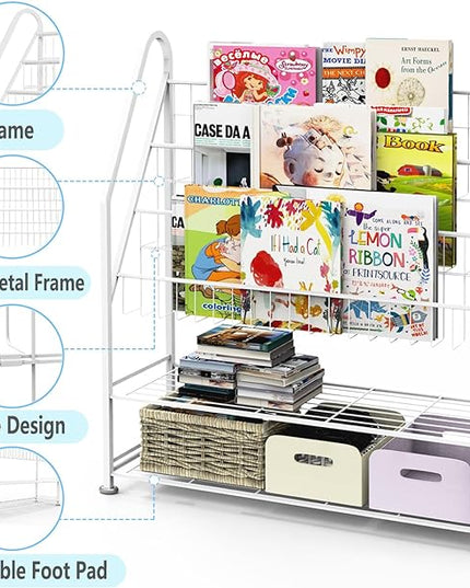 Kids Bookshelf Freestanding for Children Room 32 Inches White Metal Bookcase Large Capacity Books Toys Organizer Stable 5 Tiers Kids Book Rack for Playroom Bookstore Library. - LeafyLoom