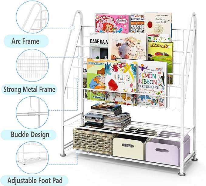 Kids Bookshelf Freestanding for Children Room 32 Inches White Metal Bookcase Large Capacity Books Toys Organizer Stable 5 Tiers Kids Book Rack for Playroom Bookstore Library. - LeafyLoom
