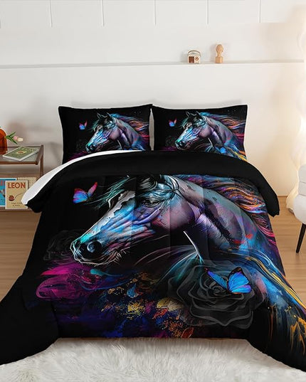 HOSIMA 3 Pieces Art Horse Comforter with 2 Pillowcases,Wildlife Horse Butterfly Black Comforter Set Boys Teens Aesthetic Room Decor,Animal Bedding King Size Comforter Set for adults. - LeafyLoom