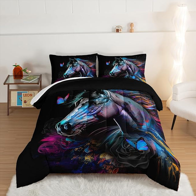 HOSIMA 3 Pieces Art Horse Comforter with 2 Pillowcases,Wildlife Horse Butterfly Black Comforter Set Boys Teens Aesthetic Room Decor,Animal Bedding King Size Comforter Set for adults. - LeafyLoom