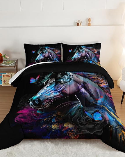 HOSIMA 3 Pieces Art Horse Comforter Set with 2 Pillowcases,Wildlife Horse Butterfly Black Comforter Boys Teens Aesthetic Room Decor,Animal Bedding Twin Bed in a Bag Sets for adults. - LeafyLoom
