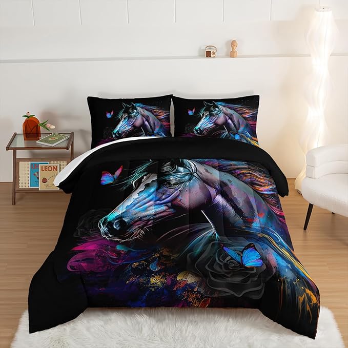 HOSIMA 3 Pieces Art Horse Comforter Set with 2 Pillowcases,Wildlife Horse Butterfly Black Comforter Boys Teens Aesthetic Room Decor,Animal Bedding Full Size Bed in a Bag Sets for adults. - LeafyLoom