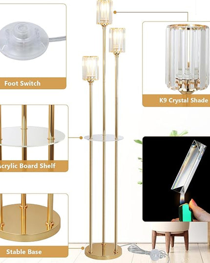 HMVPL Gold Floor Lamps for Living Room, Modern Floor Lamp with Shelves, Crystal Standing Lamps with Table, Brass Floor Lamp with Crystal Shade, On/Off Switch, Mid Century Corner Floor Lamp for Bedroom - LeafyLoom