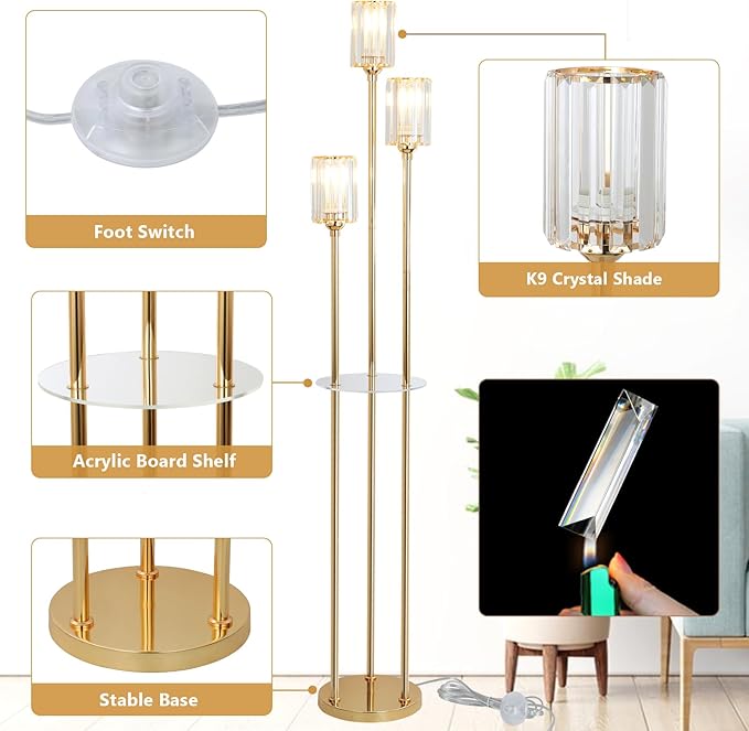 HMVPL Gold Floor Lamps for Living Room, Modern Floor Lamp with Shelves, Crystal Standing Lamps with Table, Brass Floor Lamp with Crystal Shade, On/Off Switch, Mid Century Corner Floor Lamp for Bedroom - LeafyLoom