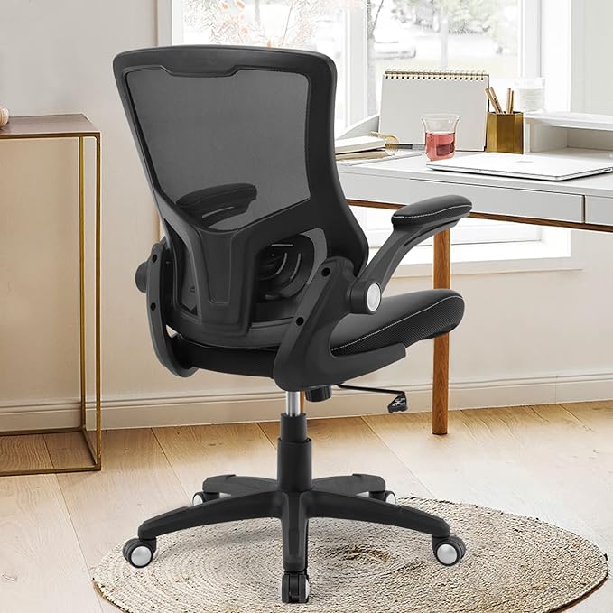 Office Chair Ergonomic Desk Chair, Computer PU Leather Home Office Chair, Swivel Mesh Back Adjustable Lumbar Support Flip-up Arms Executive Task Chair - LeafyLoom