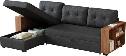 Convertible Sectional Couch with Pull Out Bed Chaise,L Shaped Sleeper Sofa W/Storage Cabinet Armrests & Removable Back Cushions,Living Room Furniture for Home,Office,Dark Grey,84" - LeafyLoom