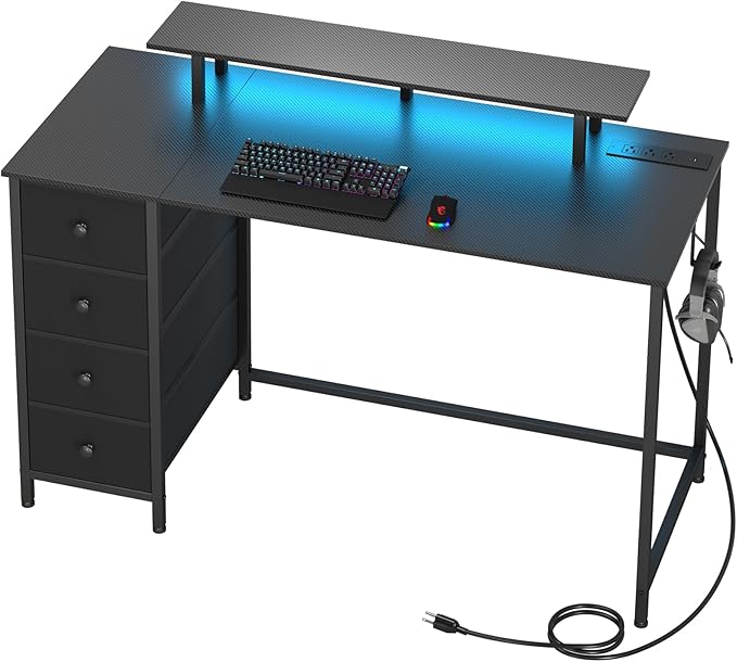 Computer Desk with LED Light & Power Outlets, 47 Inch Gaming Desk with 4 Fabric Drawers, Carbon Fiber Surface Home Office Desk with Monitor Stand with Hooks for Bedroom, HGD12CBK - LeafyLoom