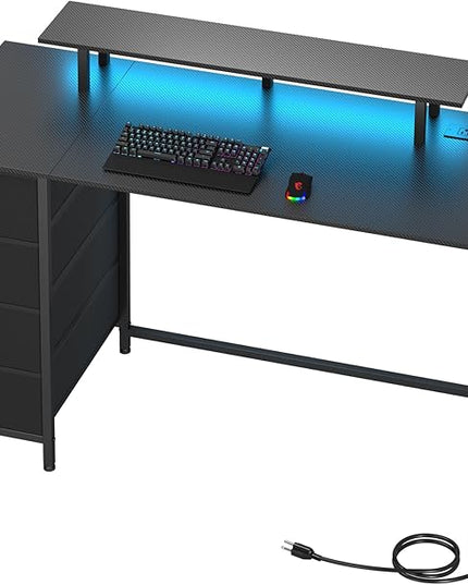 Computer Desk with LED Light & Power Outlets, 55 Inch Gaming Desk with 4 Fabric Drawers, Carbon Fiber Surface Home Office Desk with Monitor Stand with Hooks for Bedroom, HGD14CBK - LeafyLoom