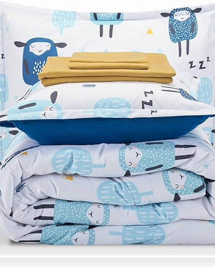 SLEEP ZONE Kids Bedding Comforter Set Full/Queen Size - Super Cute & Soft Kids Bedding 7 Pieces Set with Comforter, Sheet, Pillowcase & Sham (Blue Sheep) - LeafyLoom