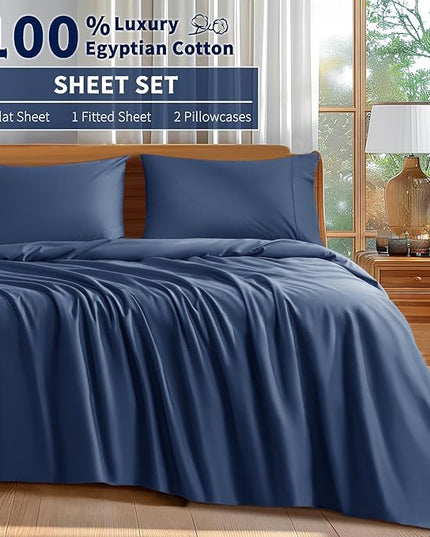 Shilucheng 100% Cotton King Size Sheets Set - 600 Thread Count，Luxury Egyptian Cotton Bed Sheets，5-Star Hotel Quality Sheets, Breathable & Cooling, 16 Inch Deep Pocket - 4 Piece (Navy Blue, King) - LeafyLoom