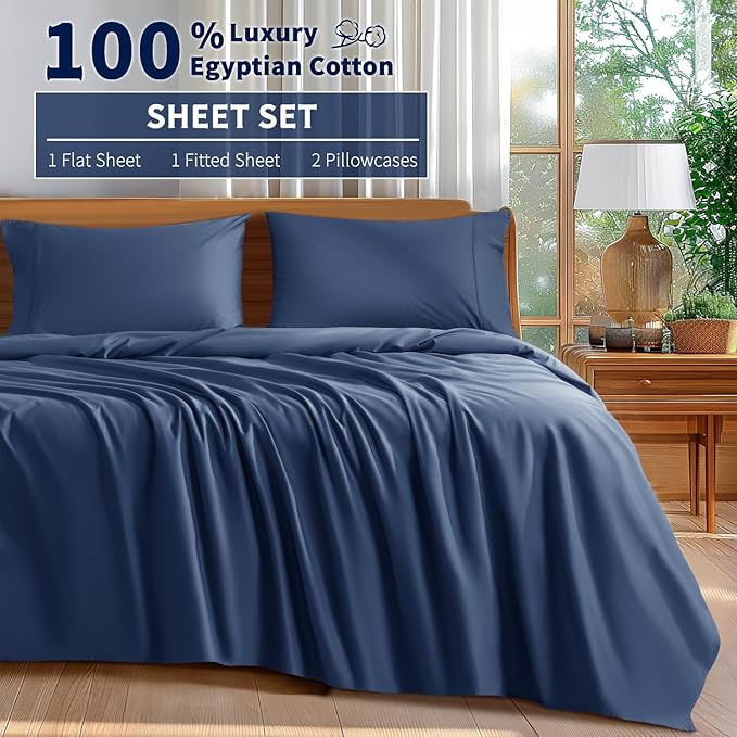 Shilucheng 100% Cotton Queen Size Sheets Set - 600 Thread Count，Luxury Egyptian Cotton Bed Sheets，5-Star Hotel Quality Sheets, Breathable & Cooling, 16 Inch Deep Pocket - 4 Piece (Navy Blue, Queen) - LeafyLoom