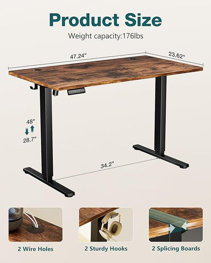 SMUG Standing Desk, Adjustable Height Electric Sit Stand Up Down Computer Table, 48x24 Inch Ergonomic Rising Desks for Work Office Home, Modern Gaming Desktop Workstation, Rust Brown - LeafyLoom