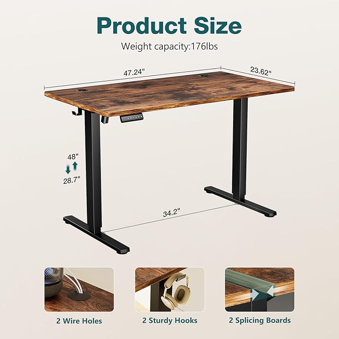 SMUG Standing Desk, Adjustable Height Electric Sit Stand Up Down Computer Table, 48x24 Inch Ergonomic Rising Desks for Work Office Home, Modern Gaming Desktop Workstation, Rust Brown - LeafyLoom