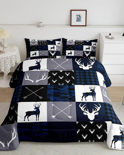 Manfei Camo Deer Antlers Comforter Set Twin,Geometric Plaid Patchwork Bedding Set 2pcs for Kids Teens Girls Boys Room Decor,Boho Arrow Xmas Quilt Set,Blue Grey Duvet Insert with 1 Pillowcase - LeafyLoom