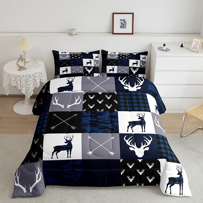 Manfei Camo Deer Antlers Comforter Set Twin,Geometric Plaid Patchwork Bedding Set 2pcs for Kids Teens Girls Boys Room Decor,Boho Arrow Xmas Quilt Set,Blue Grey Duvet Insert with 1 Pillowcase - LeafyLoom