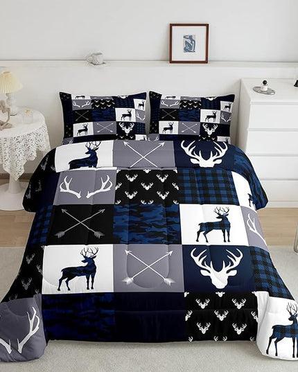 Manfei Camo Deer Antlers Comforter Set Queen, Geometric Plaid Patchwork Bedding 3pcs for Room Decor, Boho Arrow Xmas Quilt Set, Blue Grey Duvet Insert with 2 Pillowcases (WWS10843GYY-BZ_USq) - LeafyLoom