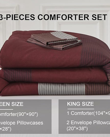 WONGS BEDDING Burgundy Comforter Set Queen, Reversible Burgundy Stripe Down Alternative Comforter for All Season,3 Pieces(1 Comforter+2 Pillowcases), Soft Microfiber Bedding Duvet Set 90”×90” - LeafyLoom