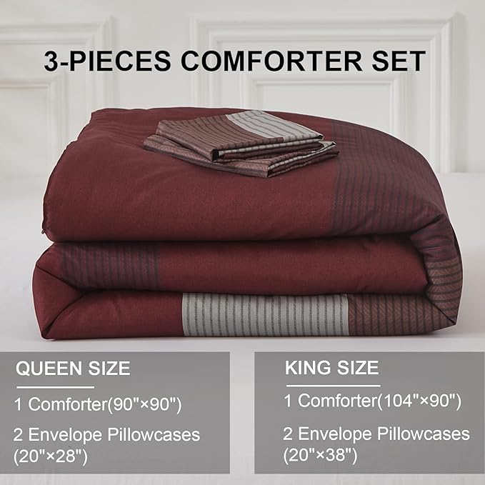 WONGS BEDDING Burgundy Comforter Set Queen, Reversible Burgundy Stripe Down Alternative Comforter for All Season,3 Pieces(1 Comforter+2 Pillowcases), Soft Microfiber Bedding Duvet Set 90”×90” - LeafyLoom