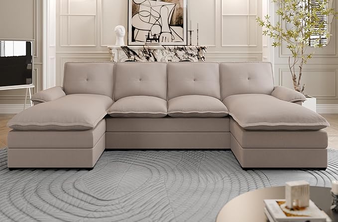 Shintenchi 110" Modular Sectional Couches for Living Room, U-Shaped Sofa Couch with Double Chaise, 4 Seat Sofa Sets with Thick Cushion & Soft Backrest, Beige - LeafyLoom