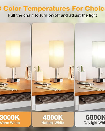 White Small Lamp for Bedroom - 3 Color Temperature 3000K 5000K 4000K Bedside Lamp, Pull Chain Control, USB A and C Charging Ports, Silver Base, for Kids Office Dorm nightstand, Bulb Included - LeafyLoom