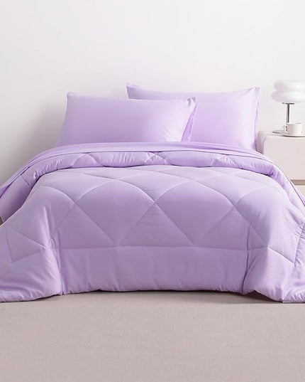 NTBAY Twin Comforter Set with Sheets, 5 Pieces Soft and Breathable Twin Bedding Set, Twin Bed in a Bag, Down Alternative Comforter Set Solid Color All Season, Kids Bedding Set, Light Purple - LeafyLoom