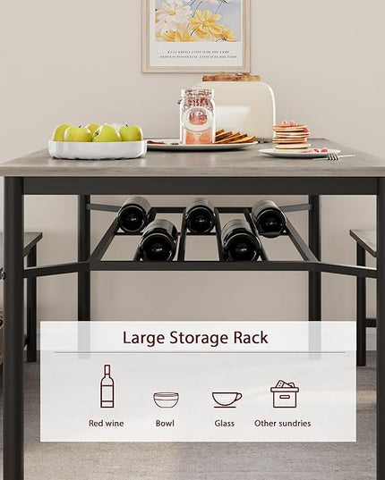 IDEALHOUSE Dining Table Set for 4, Kitchen Table and Chairs for 4 with Storage Bench, Rectangular Kitchen Table Set with Wine Rack, Dining Room Table Set for Small Space, Apartment, Retro Grey - LeafyLoom