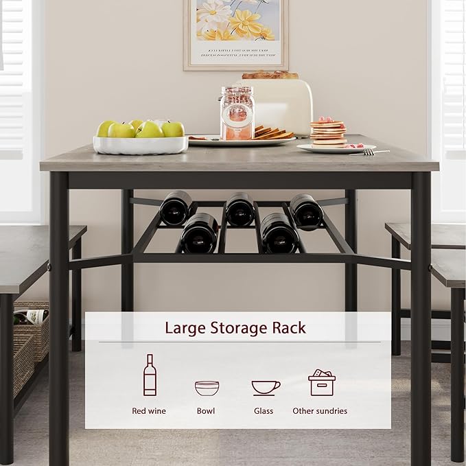 IDEALHOUSE Dining Table Set for 4, Kitchen Table and Chairs for 4 with Storage Bench, Rectangular Kitchen Table Set with Wine Rack, Dining Room Table Set for Small Space, Apartment, Retro Grey - LeafyLoom
