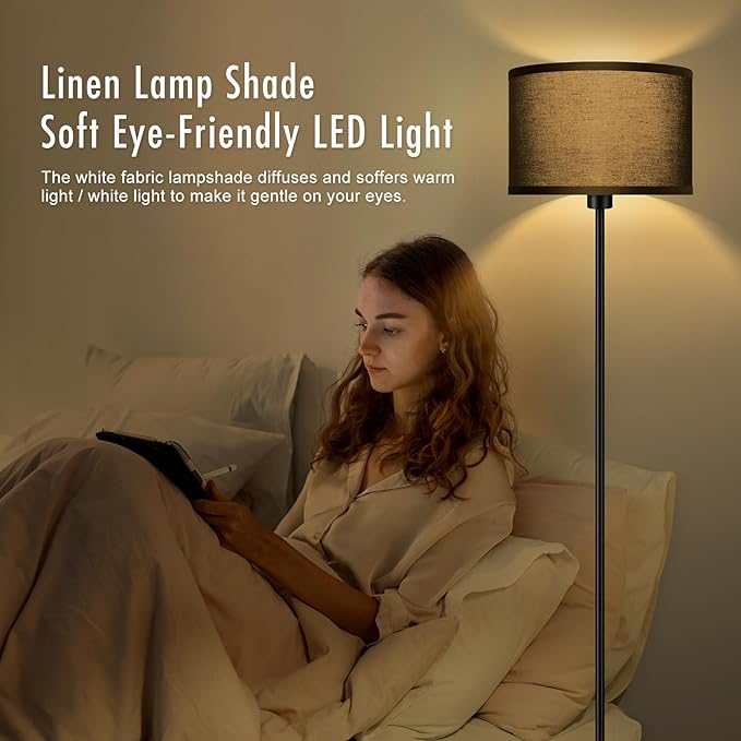 Black Floor Lamps for Living Room Bedroom, Bright Modern Standing Lamp with 3 Color Temperatures(9W Bulb), Black Lamp Shade, 59" Tall, Footswitch, Simple Reading Floor Lamps Corner Lamp for Office/Den - LeafyLoom