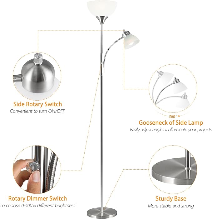 Floor Lamp, Dimmable Standing lamp, 3 Levels Dimmable Brightness, Included 9W and 5W LED Bulbs, Industrial Floor Lamp for Living Room, Bedroom, Office, Reading - LeafyLoom