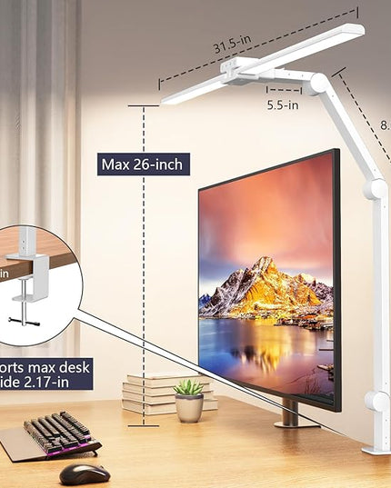 KableRika Desk Lamp,Double Head Desk Lamp with Clamp,24W Led Desk Lights for Home Office Ultra Bright Architect Table Lamp 4 Brightness 4 Color,Auto Dimming Task Lamp for Monitor Work Study White - LeafyLoom