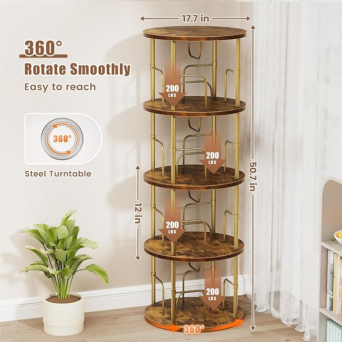 Rotating Bookshelf, 4 Tier Spinning Bookshelf Tower, 360° Display Unique Round Bookcase, Floor Standing Corner Revolving Bookshelf Storage Organizer for Small Spaces, Home Study Office, Gold - LeafyLoom
