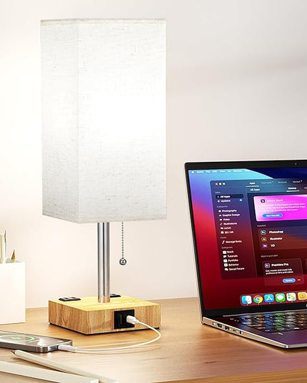 aooshine Beige Small Table Lamp for Bedroom - 3 Color Temperature 3000K 5000K 4000K Bedside Lamp, Pull Chain Control, USB A and C Ports and AC Outlets, Wood-grain Base, Bulb Included - LeafyLoom