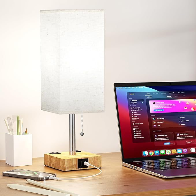 aooshine Beige Small Table Lamp for Bedroom - 3 Color Temperature 3000K 5000K 4000K Bedside Lamp, Pull Chain Control, USB A and C Ports and AC Outlets, Wood-grain Base, Bulb Included - LeafyLoom