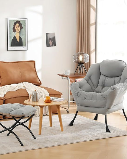 Cozy Lazy Chair and Ottoman, Large Contemporary Accent Lounge Chair Set, Leisure Upholstered Reading Armchair for Bedroom, Living Room, Dorm Rooms, Office - LeafyLoom