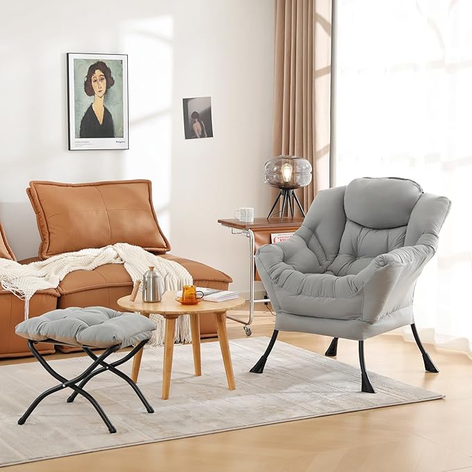 Cozy Lazy Chair and Ottoman, Large Contemporary Accent Lounge Chair Set, Leisure Upholstered Reading Armchair for Bedroom, Living Room, Dorm Rooms, Office - LeafyLoom