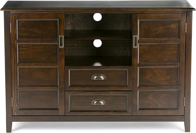 SIMPLIHOME Burlington SOLID WOOD Universal TV Media Stand, 54 inch Wide, Traditional, Living Room Entertainment Center with Storage, for Flat Screen TVs up to 60 inches in Mahogany Brown - LeafyLoom